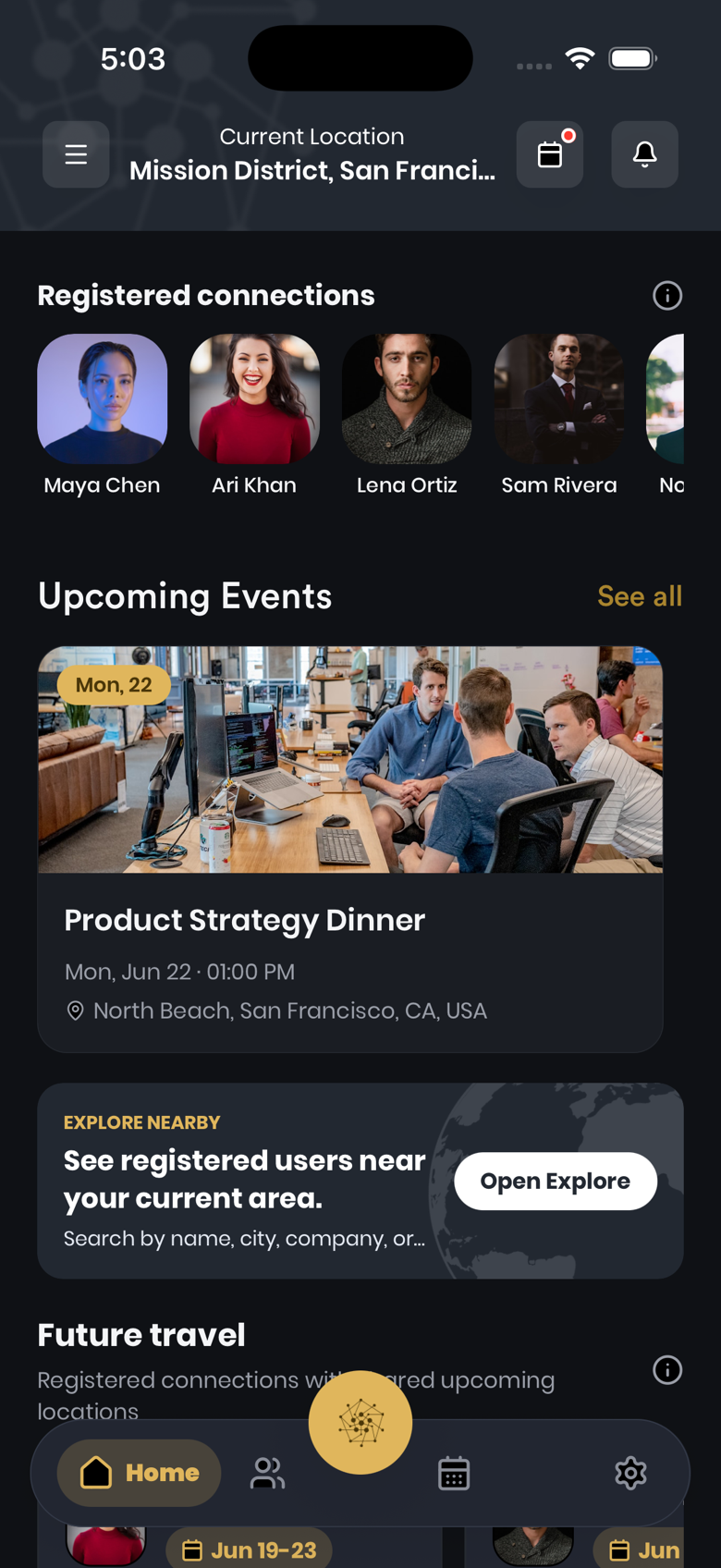 Droozi app home screen showing private future-plan overlap