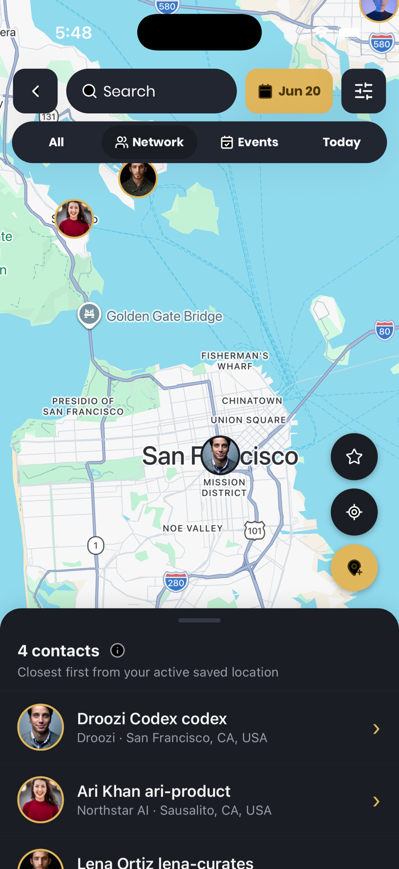 Droozi app map showing future-plan overlap without live GPS sharing