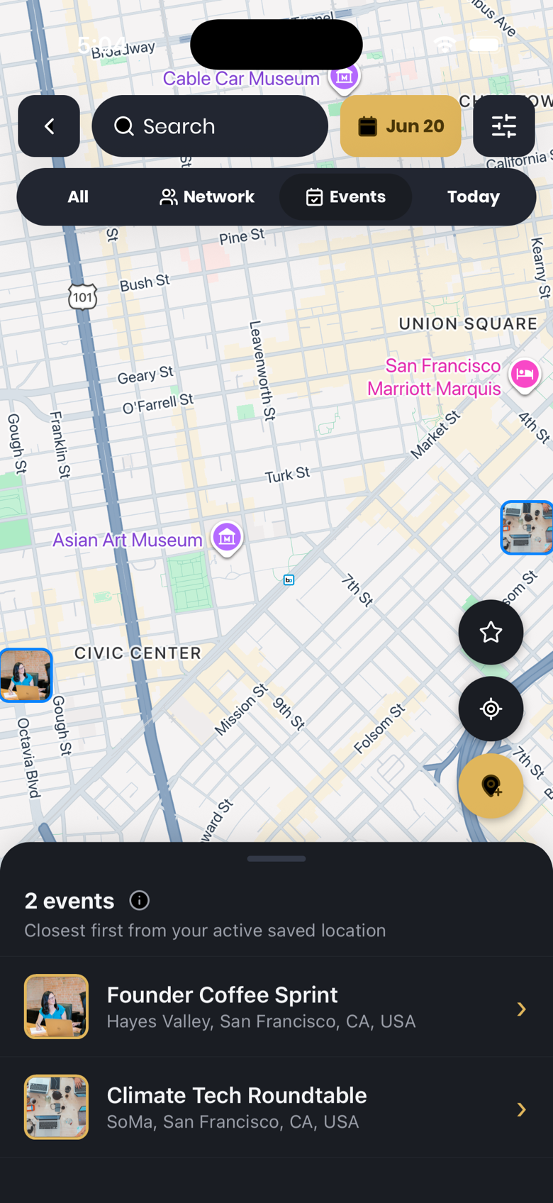 Droozi app map showing future event plans without live GPS sharing