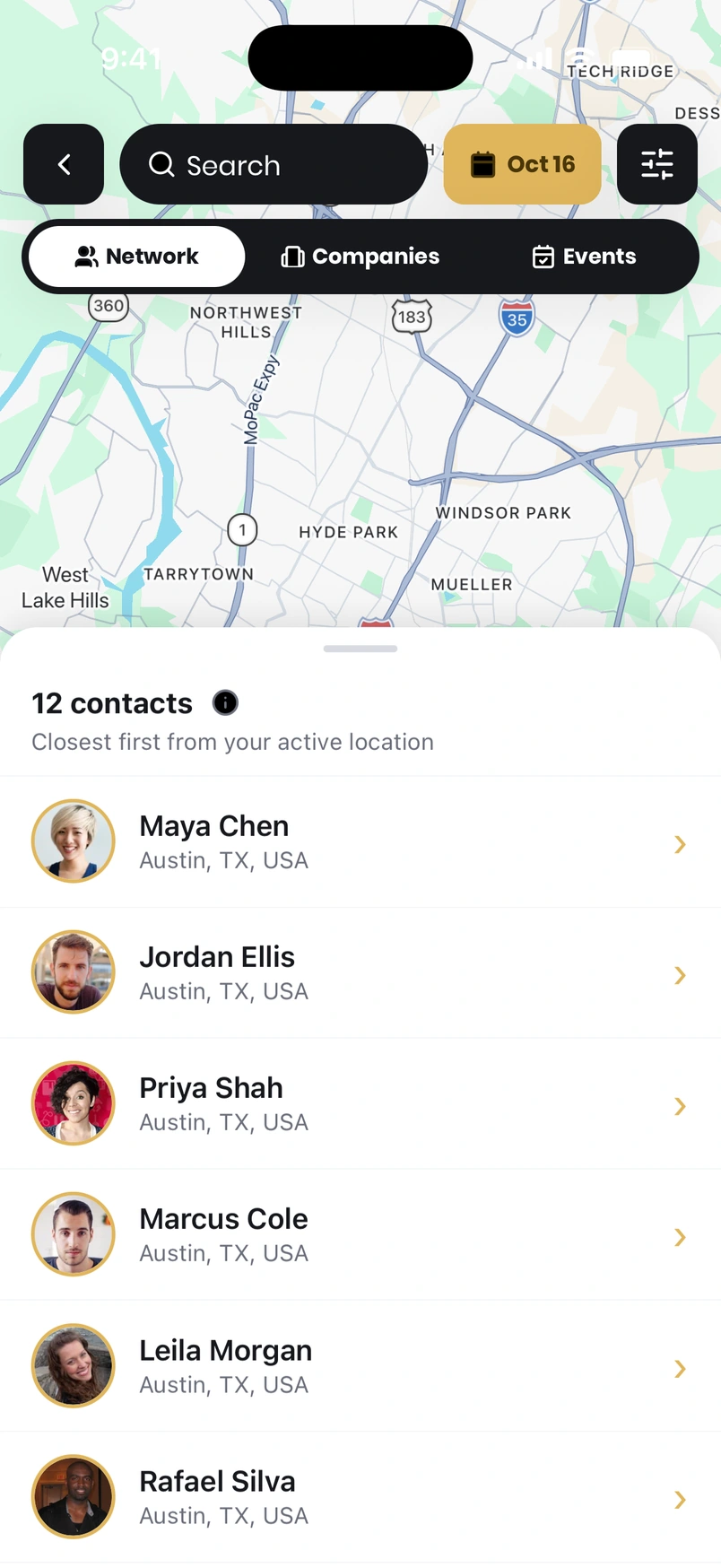Droozi Network map and connection list showing people with overlapping travel plans
