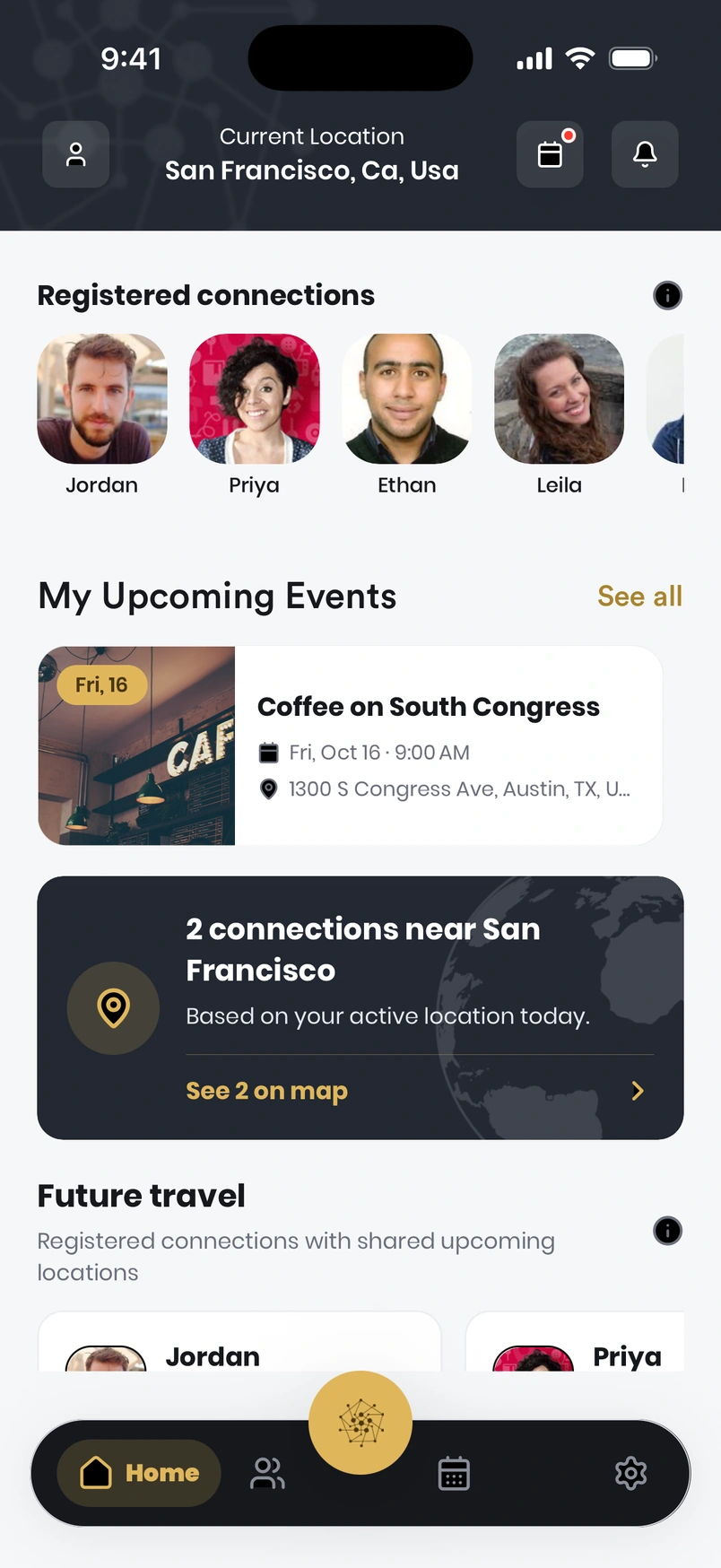 Droozi Home showing connections, an upcoming meetup, and shared future travel