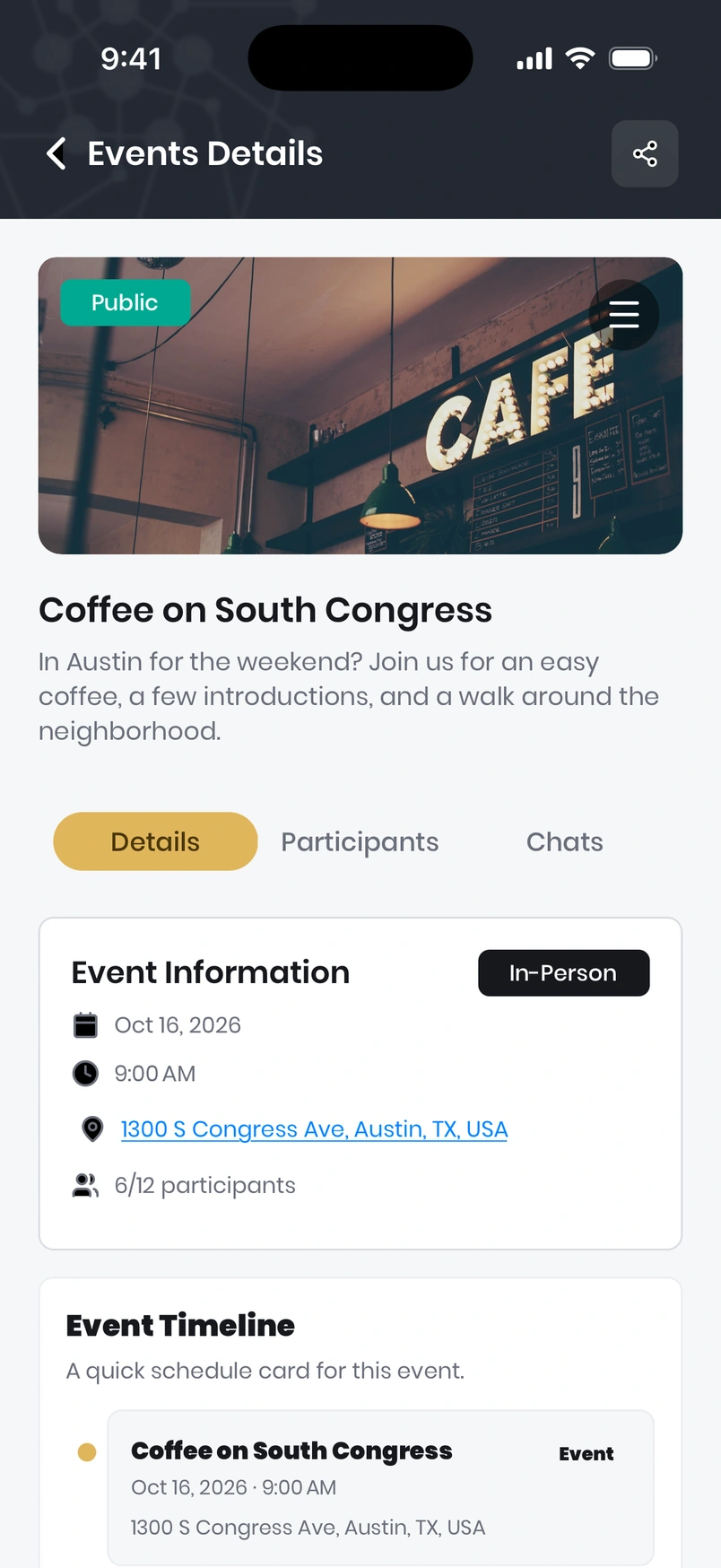 Droozi meetup details showing the event photo, date, place, and participants