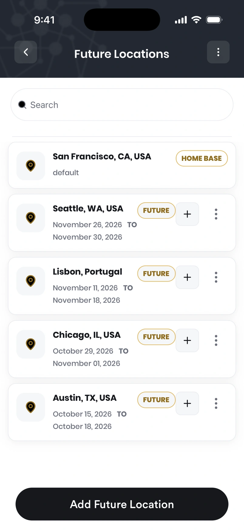 Droozi Future Locations showing a home base and four upcoming cities and dates