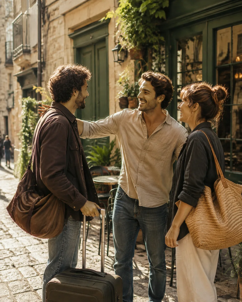 Friends greeting each other outside a sunny city café