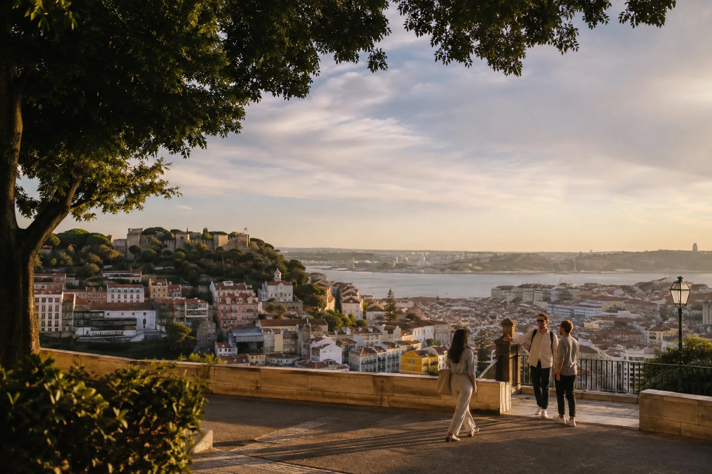 Friends meeting at a city overlook in the warm evening light