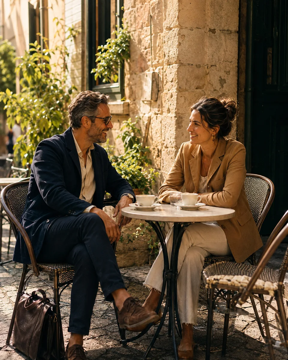 Two colleagues catching up over coffee on a café terrace